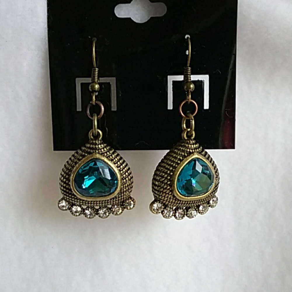Brass earrings with blue & rhinestones